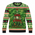 GrungeFest Christmas sweater in green with skull icons and holiday lettering.