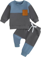 Baby Jogger 2-piece winter outfit: blue and dark gray colorblock sweatshirt + sweatpants, drawstring.