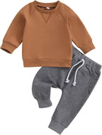 Kids 2-piece winter outfit with brown long-sleeve sweatshirt and gray drawstring pants