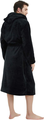 Men's dark fleece bathrobe with hood and wrap belt, open back view