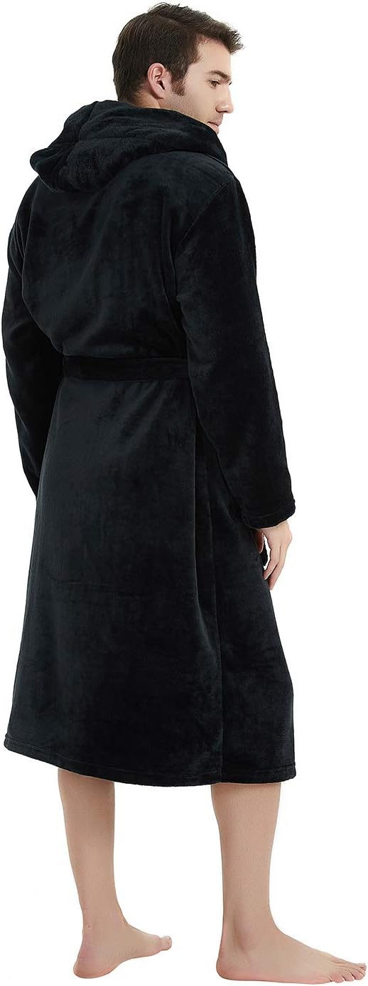 Men's dark fleece bathrobe with hood and wrap belt, open back view