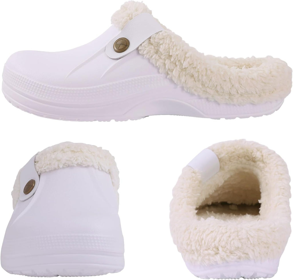 White plush-lined slip-on clogs shown from side, back, and interior views