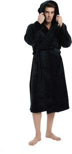 Men's black hooded fleece robe with belt, front pockets, and adjustable hood