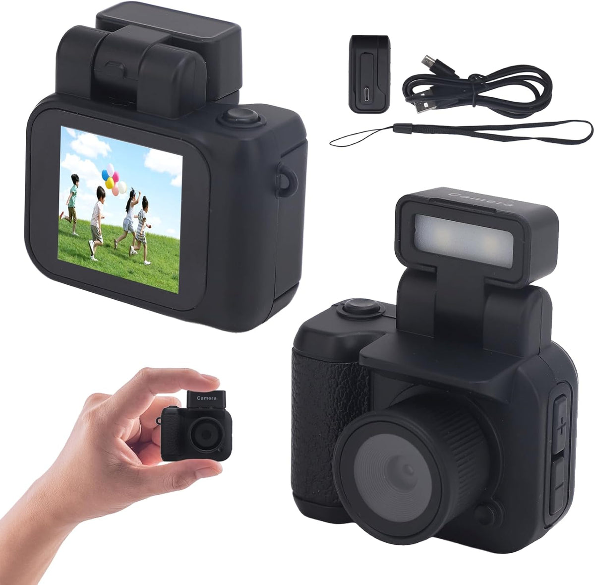 Mini keychain digital camera with rear screen, built-in flashlight, and lanyard strap