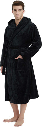 Men's dark fleece bathrobe with hood, wrap belt, and front pockets