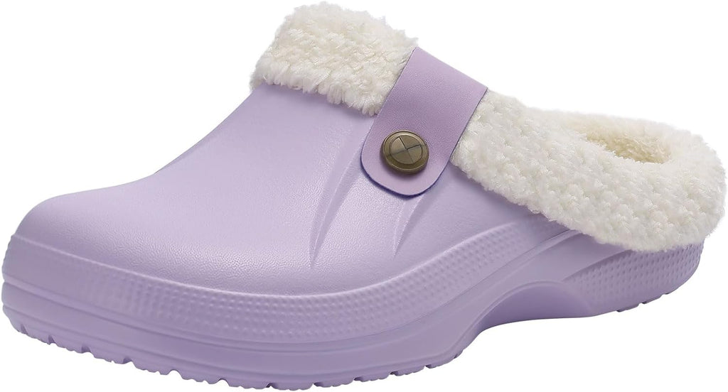 Light purple slip-on clogs with cream plush lining and round snap button detail
