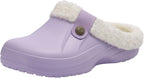 Light purple slip-on clogs with cream plush lining and round snap button detail