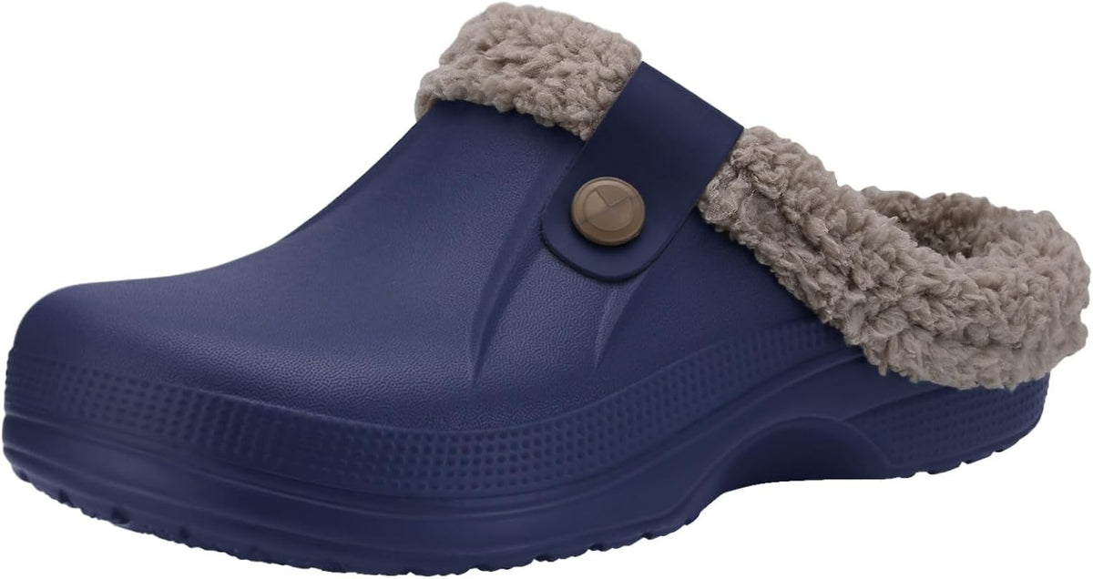 Navy slip-on clogs with plush gray lining and button detail on the strap