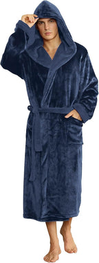 Two-tone fleece hooded bathrobe with belt and pockets, long sleeves, dark blue finish.