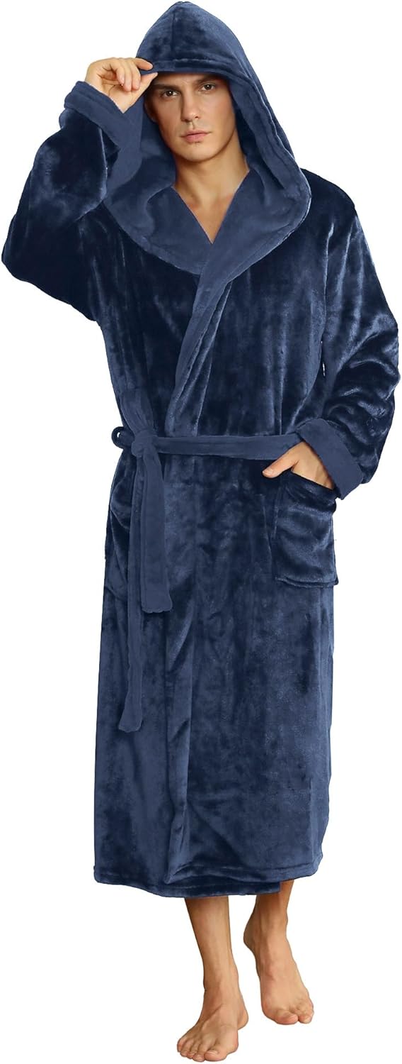 Two-tone fleece hooded bathrobe with belt and pockets, long sleeves, dark blue finish.