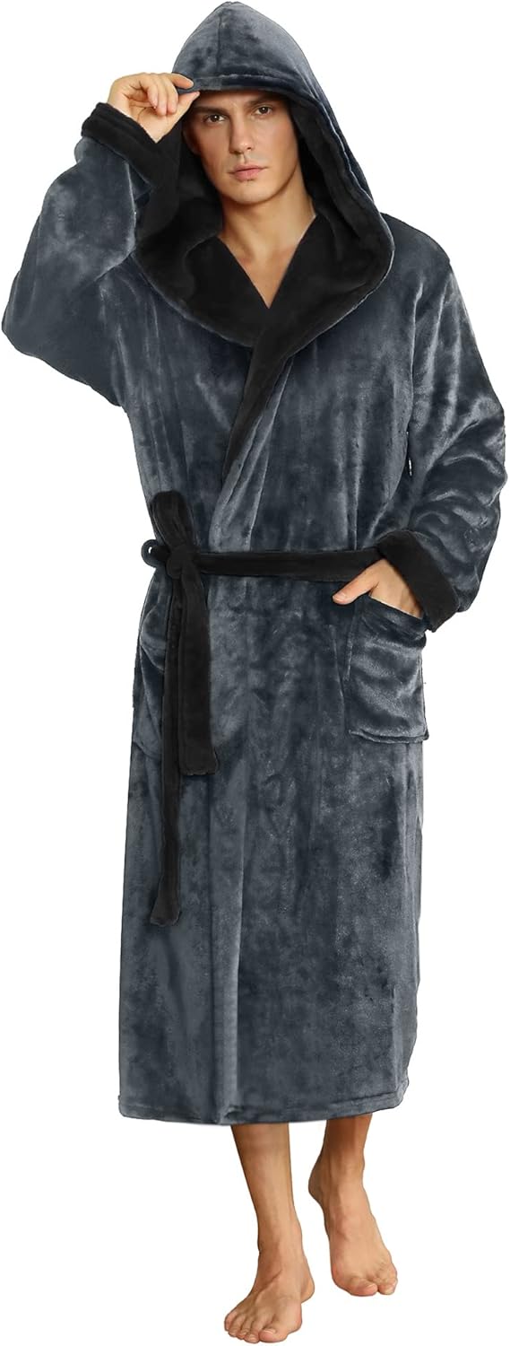 Two-tone hooded fleece robe, dark gray fabric with black hood lining, belt and pockets