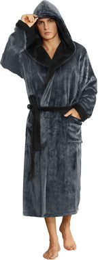 Men's two-tone hooded fleece robe, dark gray with charcoal hood lining, belt and pockets