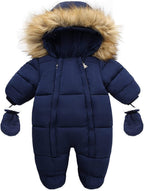 Baby snowsuit with fur hood, navy blue, padded zipper front with side mitts