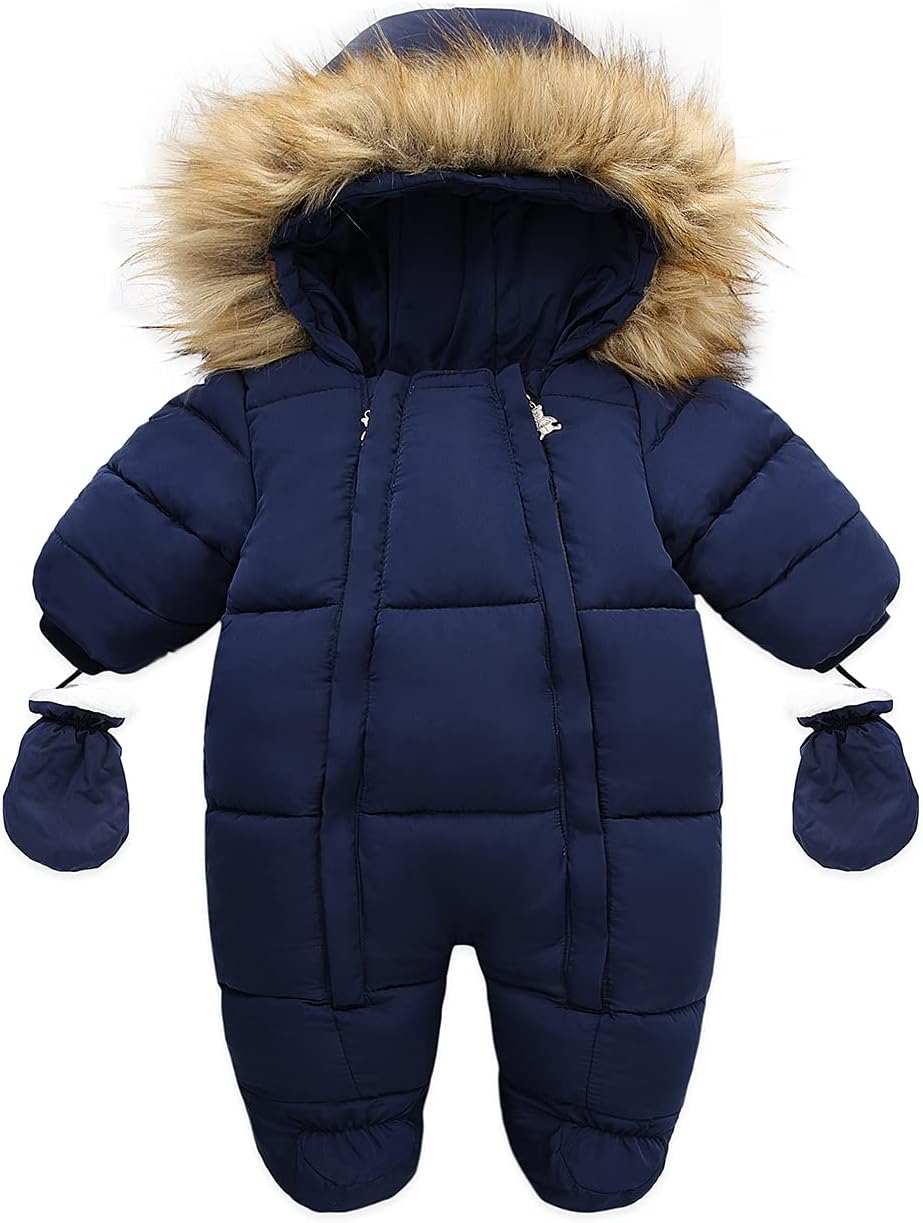 Baby snowsuit with fur hood, navy blue, padded zipper front with side mitts