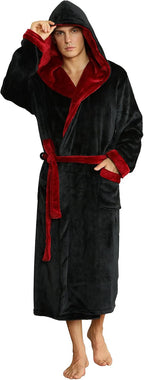 Two-tone hooded fleece robe, dark body with red hood lining, belt and side pockets