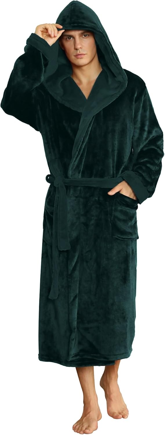 Men's fleece robe with hood, two-tone dark trim, belt, and front pockets; dark green.