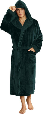 Men's fleece robe with hood, two-tone dark trim, belt, and front pockets; dark green.