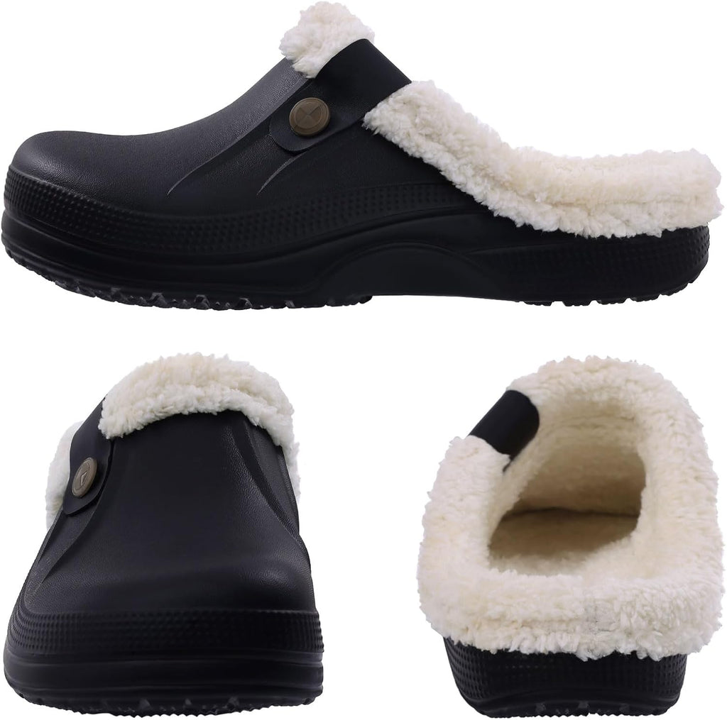 Black slip-on clogs with cream sherpa lining, round button detail, and thick sole