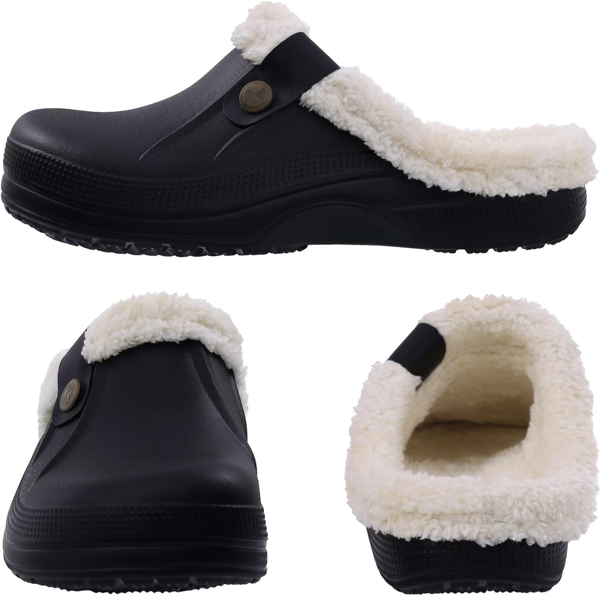 Black slip-on clogs with cream sherpa lining, round button detail, and thick sole