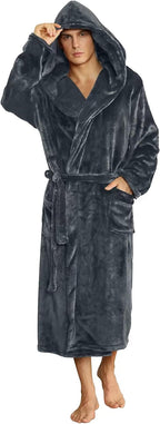 Men's two-tone hooded fleece robe, dark gray with charcoal hood lining, belt and pockets