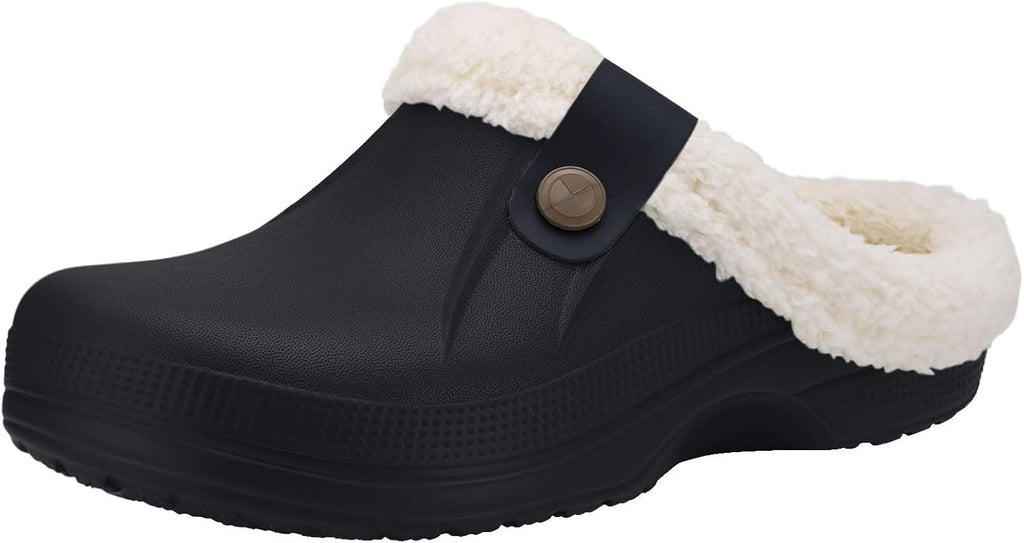 Black slip-on clogs with cream plush lining and round metal snap at instep