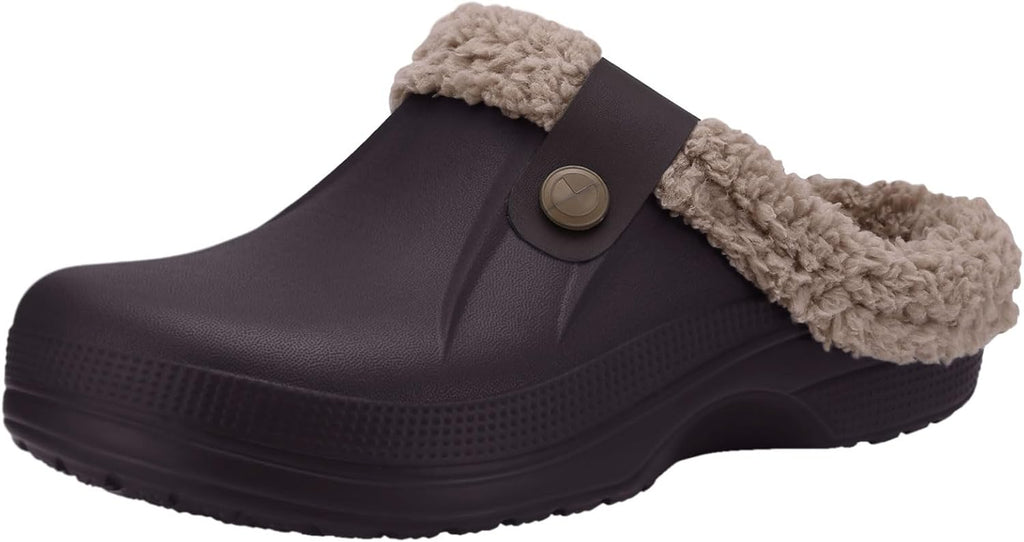 Dark brown slip-on clogs with taupe plush lining and round snap button