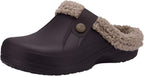 Dark brown slip-on clogs with taupe plush lining and round snap button