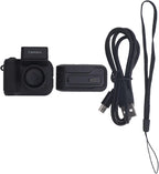 Mini keychain digital camera with charging cable and wrist strap, black body