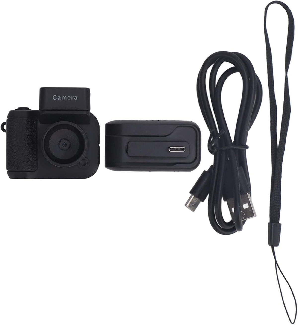 Mini keychain digital camera with charging cable and wrist strap, black body