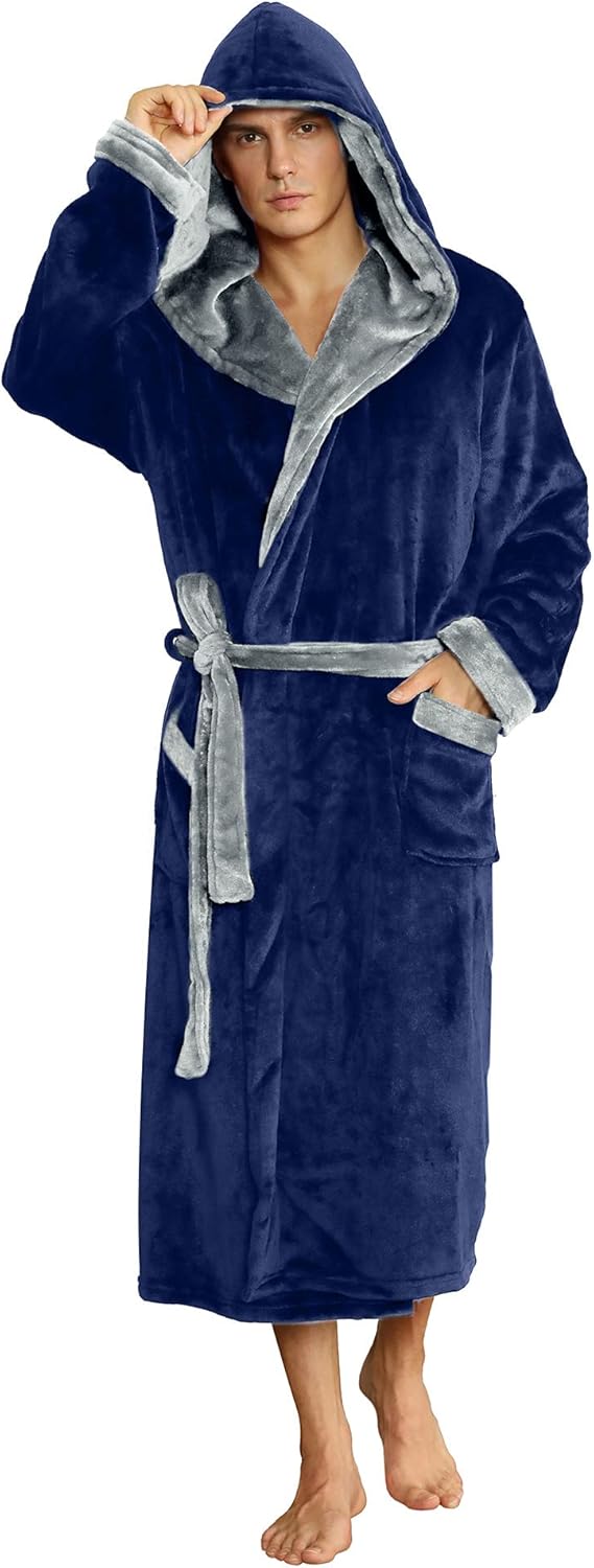 Men's two-tone blue fleece bathrobe with hood and wrap belt