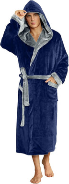 Men's two-tone hooded fleece robe, dark blue with gray hood lining, belt and side pockets