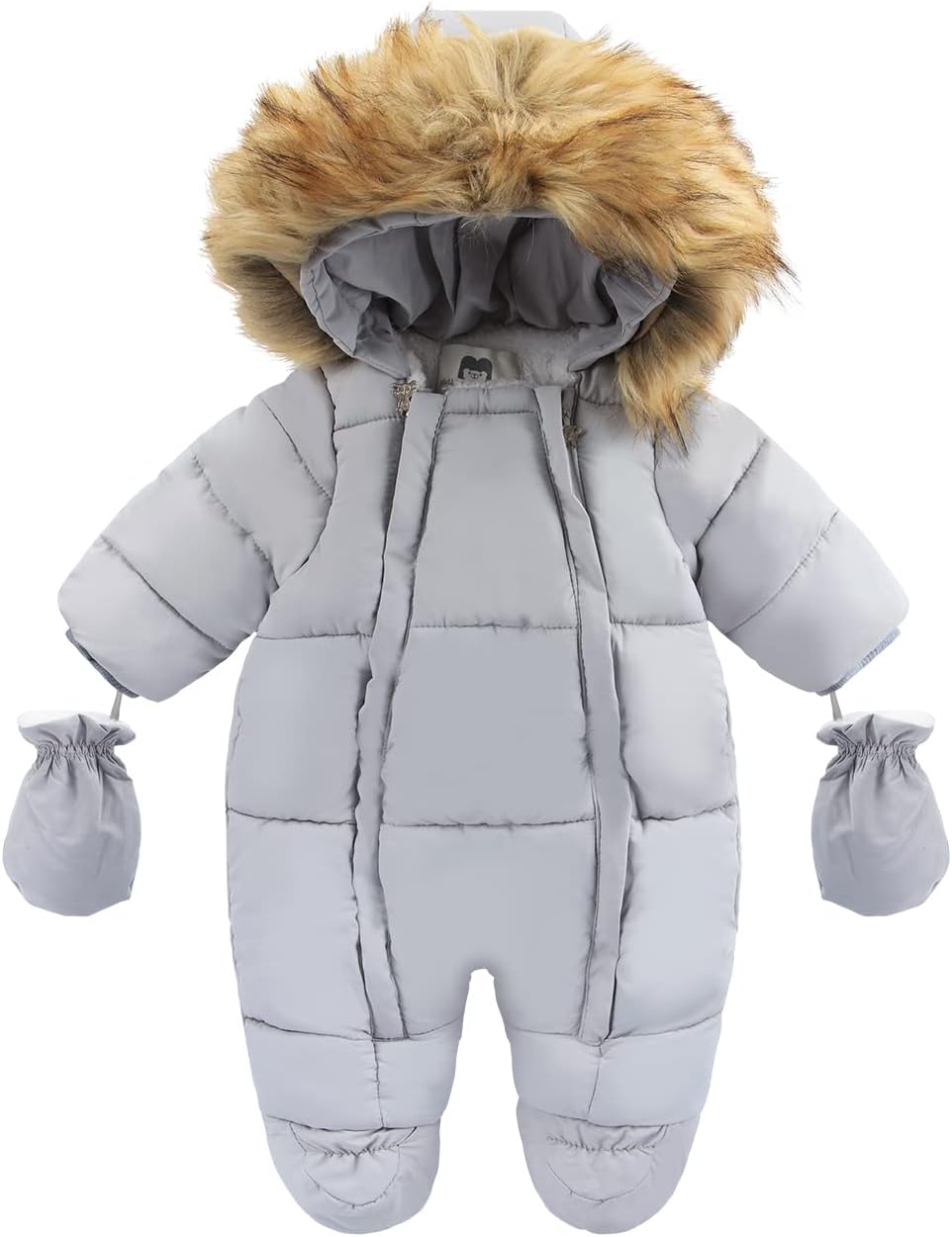 Baby snowsuit with faux-fur hood, gray, front zipper and two hand-warmer mitts