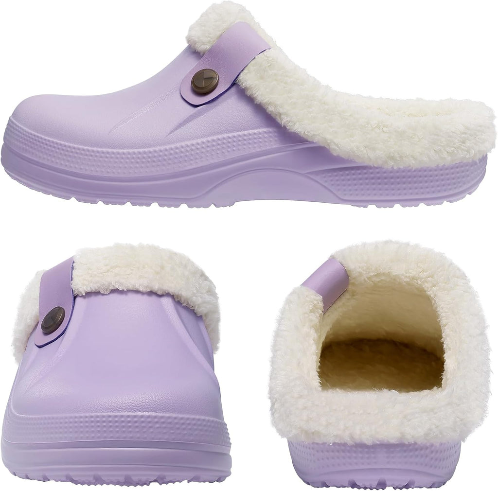 Marmari warm lined slip-on clogs, light purple with white faux-fur cuff
