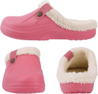 Marmari warm lined slip-on clogs, pink with cream sherpa trim and button strap