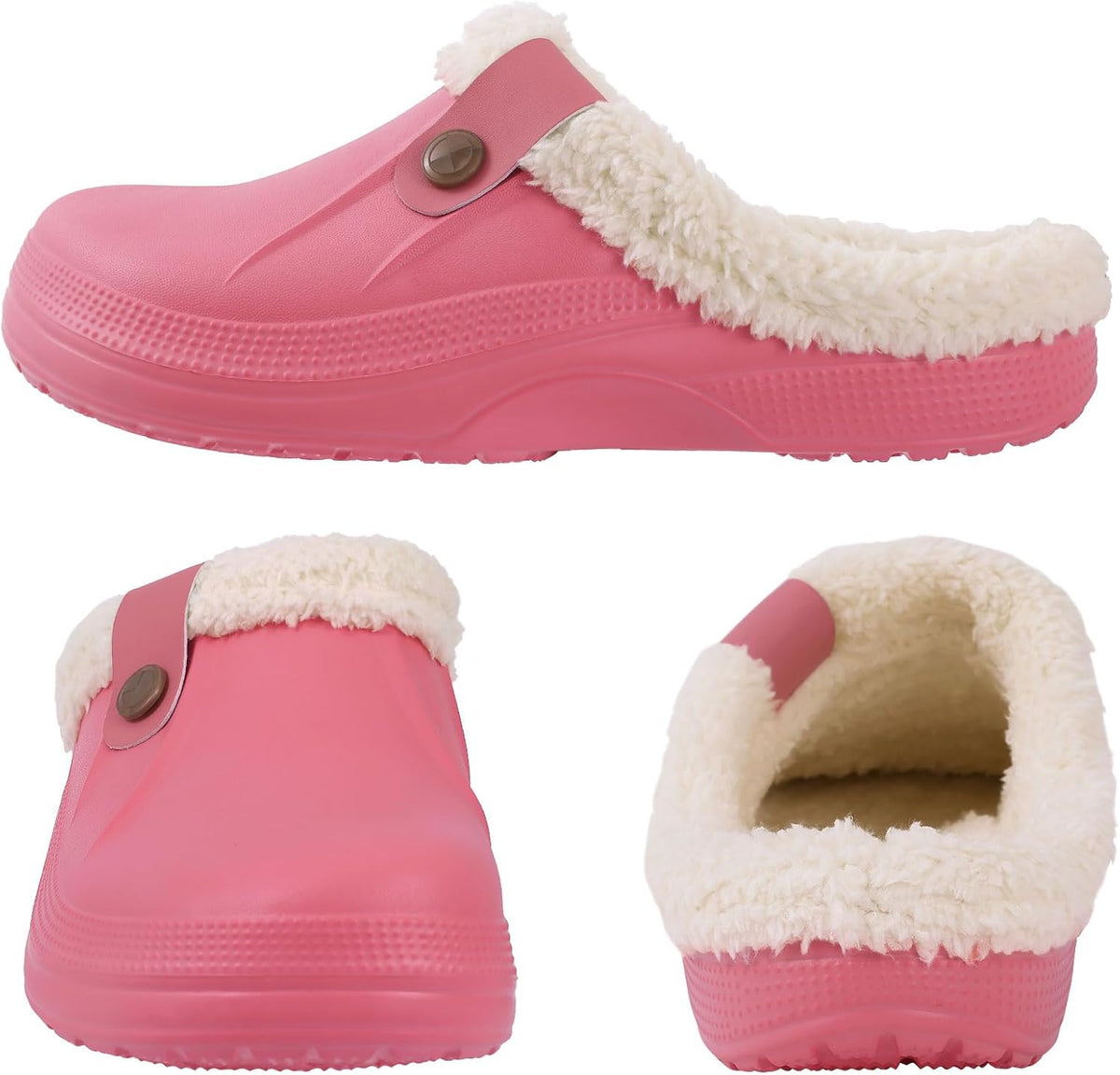 Marmari warm lined slip-on clogs, pink with cream sherpa trim and button strap