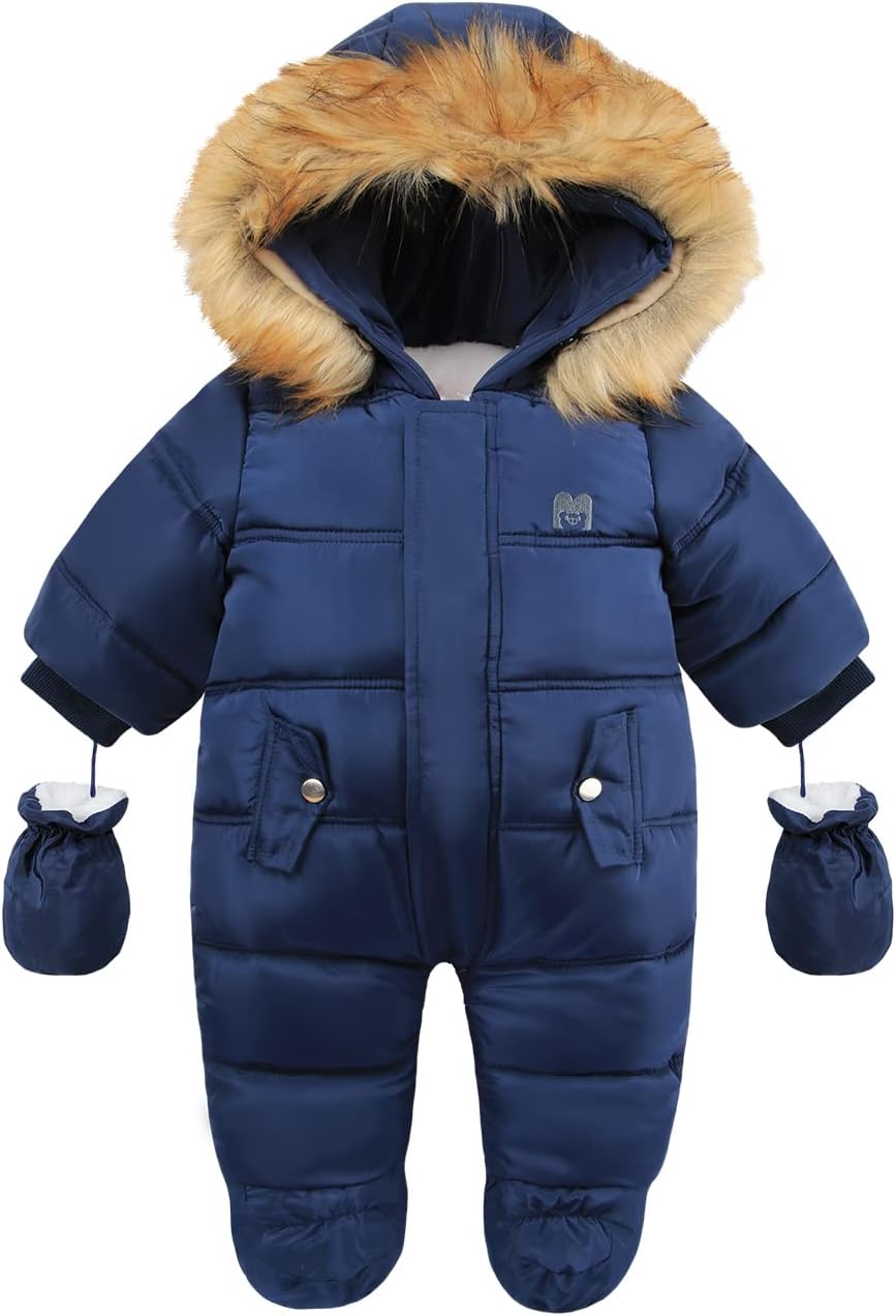 Baby snowsuit with fur-trim hood, deep blue, zipper front, side pockets and mitts