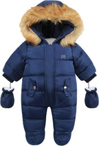 Baby snowsuit with fur-trim hood, deep blue, zipper front, side pockets and mitts