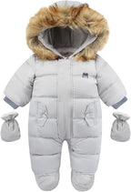 Baby snowsuit with faux-fur hood, white, front zipper and hand-warmer mitts