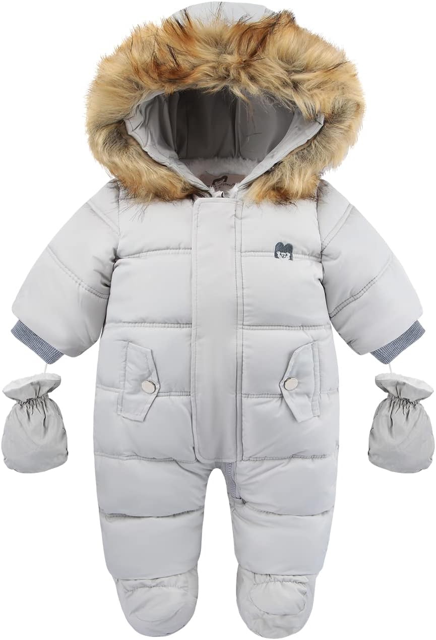 Baby snowsuit with faux-fur hood, white, front zipper and hand-warmer mitts