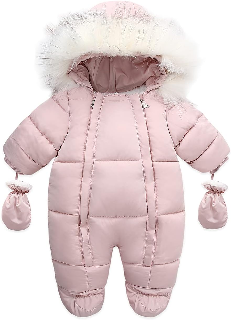 Baby snowsuit with fur-trim hood, pink, padded front zipper and built-in mitts