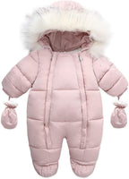 Baby snowsuit with fur-trim hood, pink, padded front zipper and built-in mitts