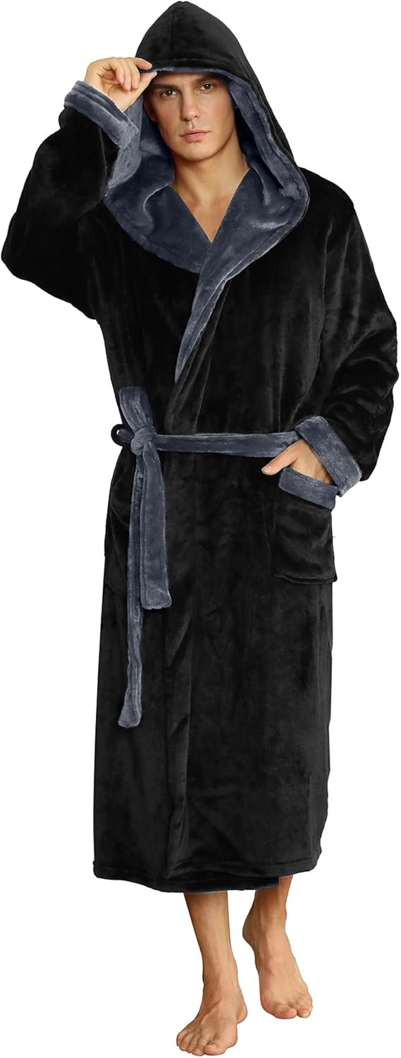 Men's fleece robe with hood, two-tone trim, belt, and front pocket; black with gray hood.