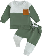 Baby winter 2-piece outfit: green colorblock sweatshirt with matching jogger pants