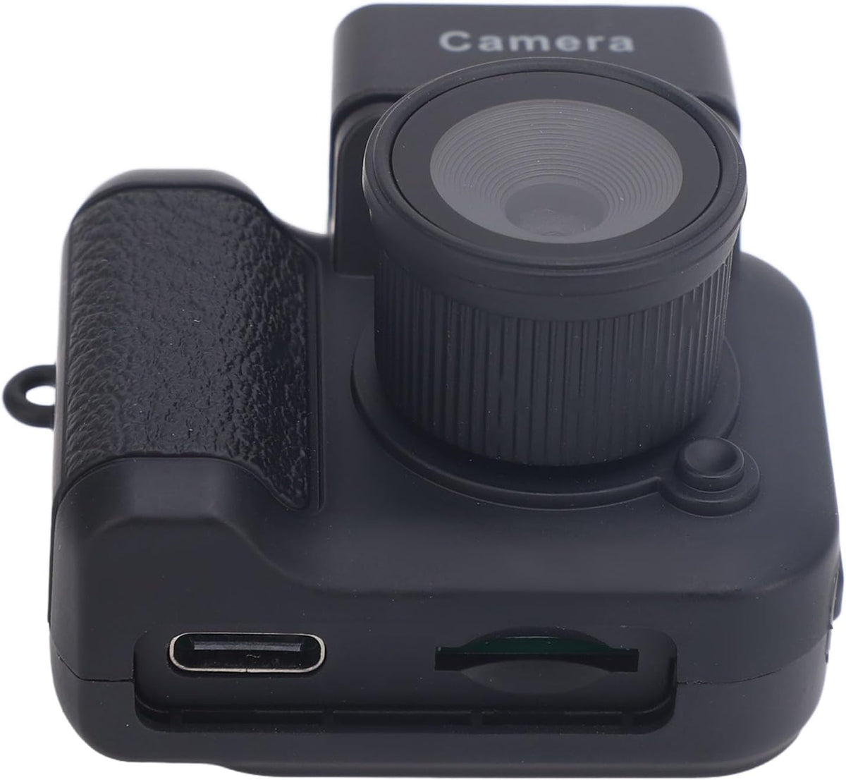 Mini digital camera close-up with textured grip, lens, and charging ports