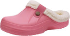 Pink slip-on clogs with cream sherpa lining and round snap button at top