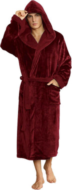 Two-tone fleece hooded bathrobe with belt and pockets, long sleeves, burgundy finish.