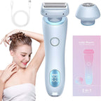 Light blue cordless electric foil shaver with charging cable and protective cap