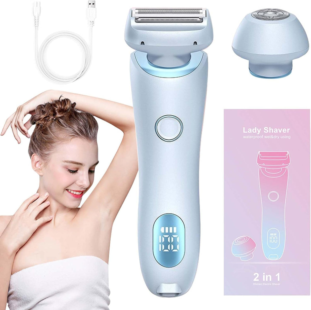 Light blue cordless electric foil shaver with charging cable and protective cap