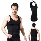 Men's compression tank undershirt, black sleeveless; front and back views plus flat lay