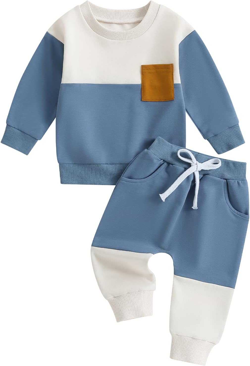Baby Jogger 2-piece winter outfit: cream and blue colorblock sweatshirt + sweatpants, drawstring.